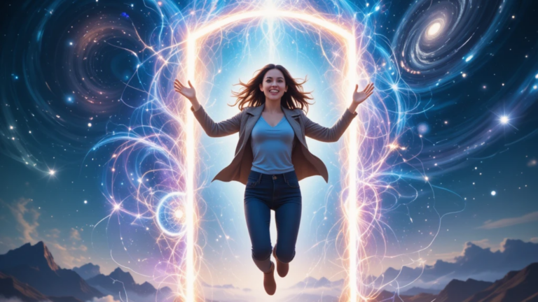 A confident woman leaping through a glowing energy portal, symbolizing quantum leaping into a new reality, with a cosmic background of stars and light trails.